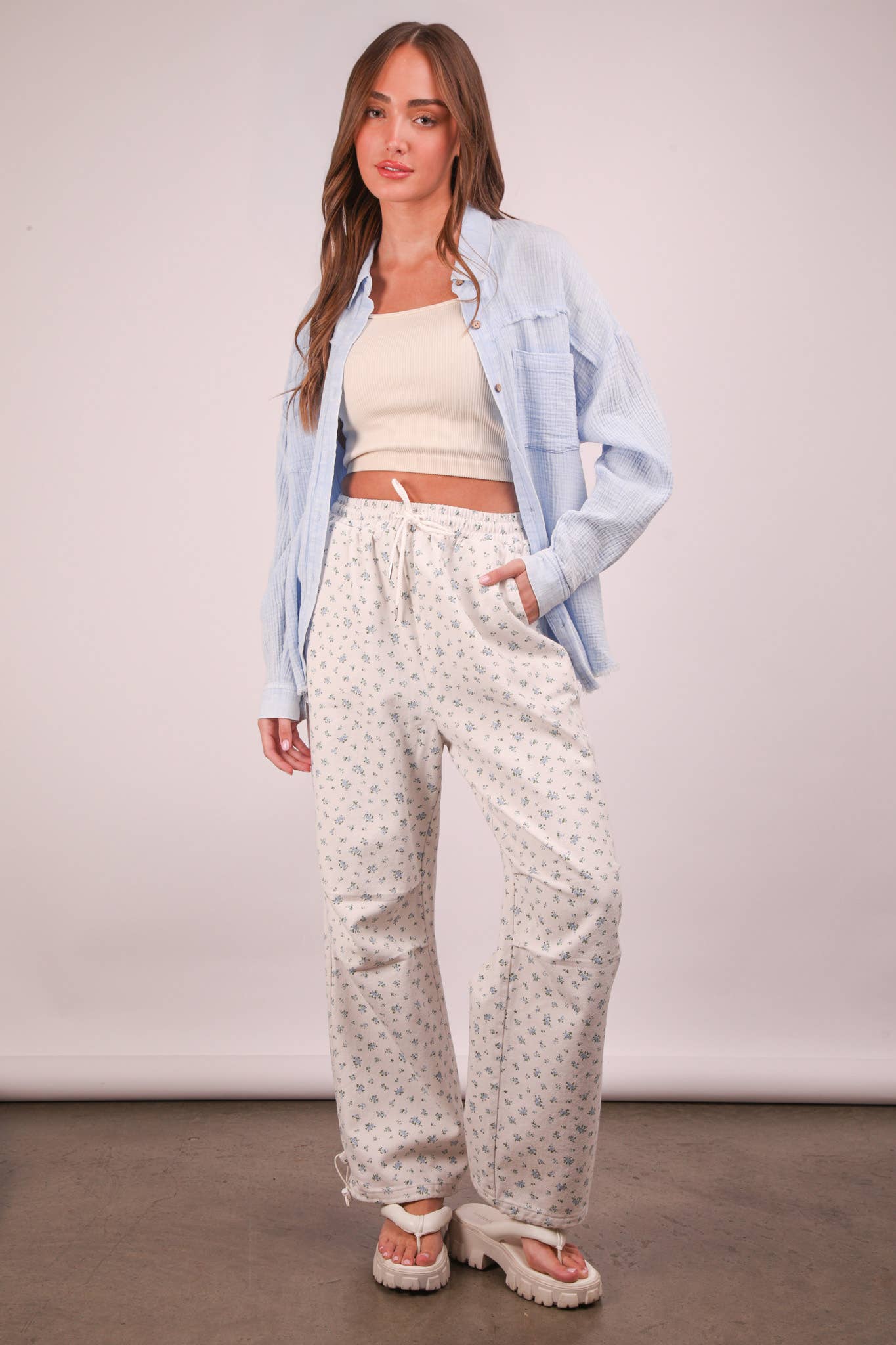 Floral Printed Linen Parachute Pants- Cream and Pink