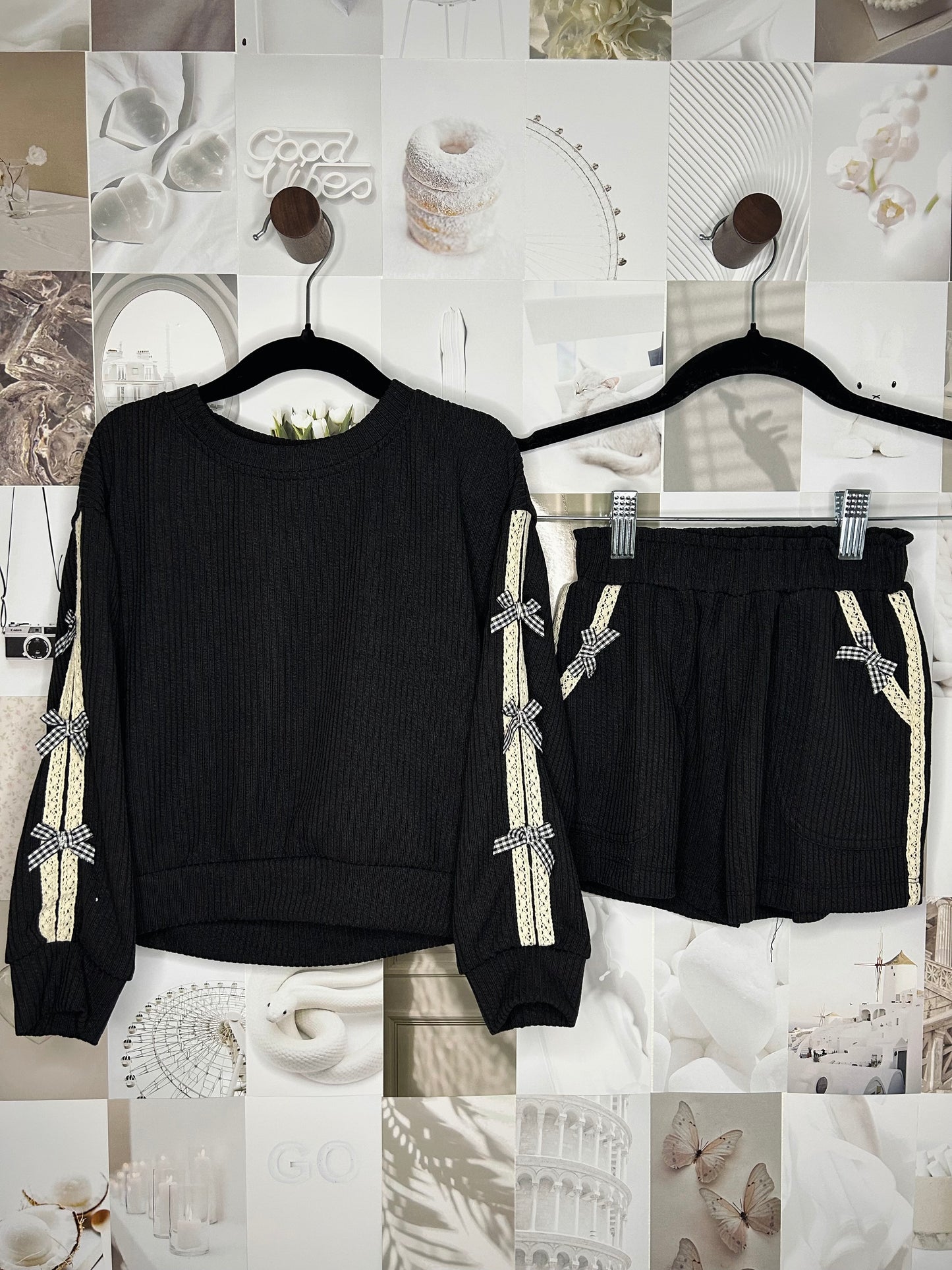 Kids Black Knit Ribbed Bow & Crochet Trim Shorts (sizes 4-14)
