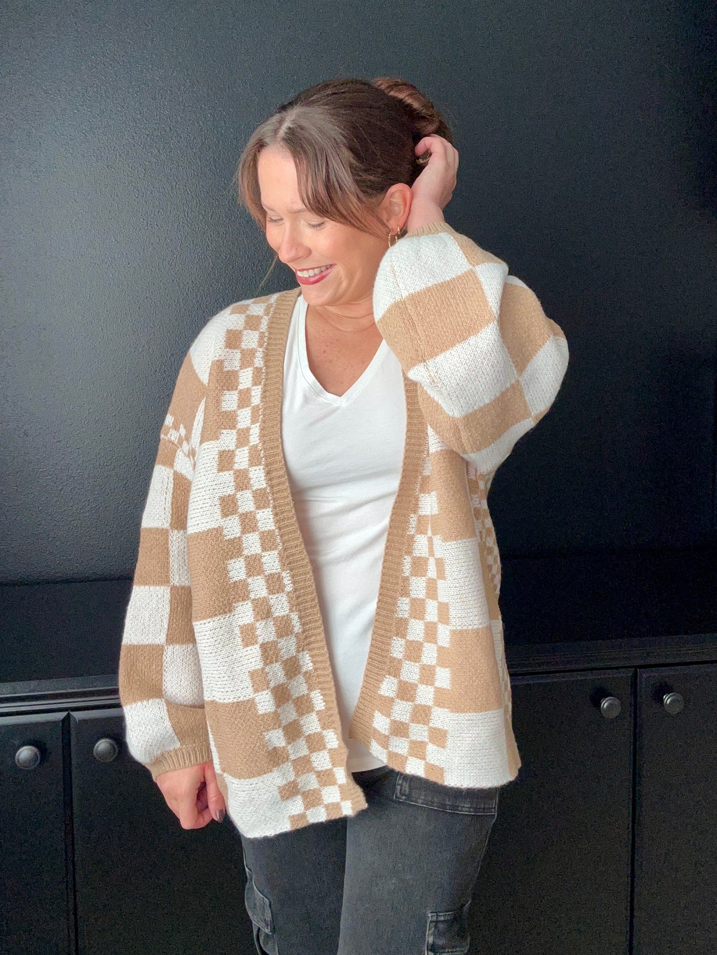 Sweet Generis - MIXED CHECKER KNIT DROP SHOULDER CARDIGAN