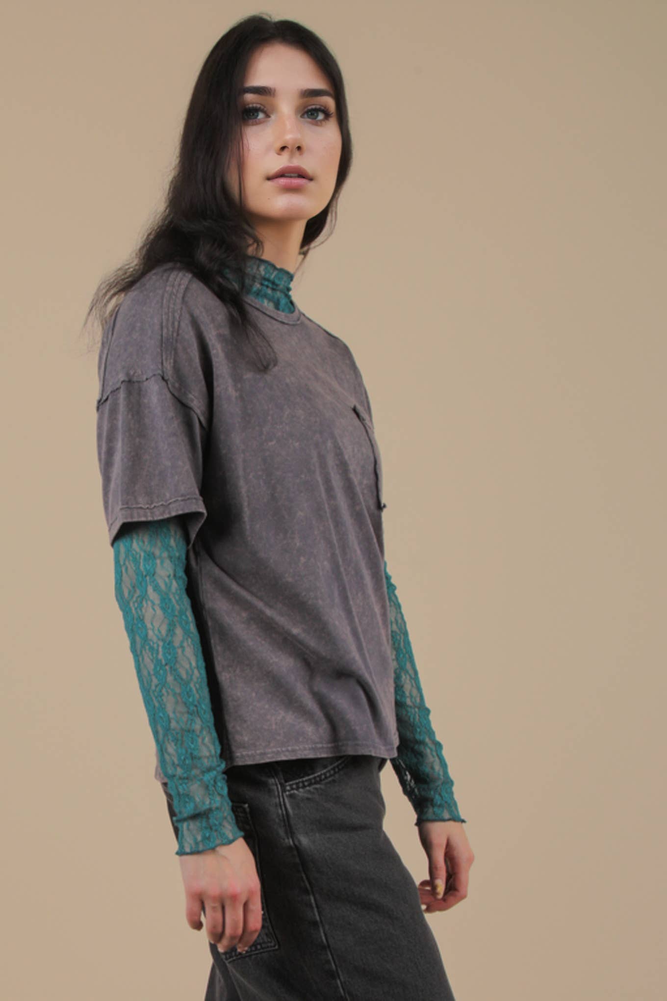 Mineral Washed Knit Top with Pocket- Charcoal