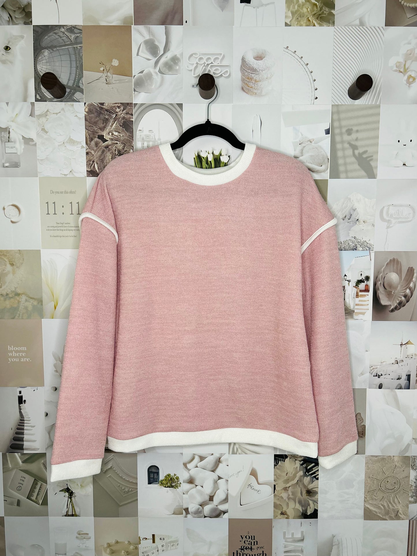 Pink Contrast Trim Knitted Drop Shoulder (S-3X)