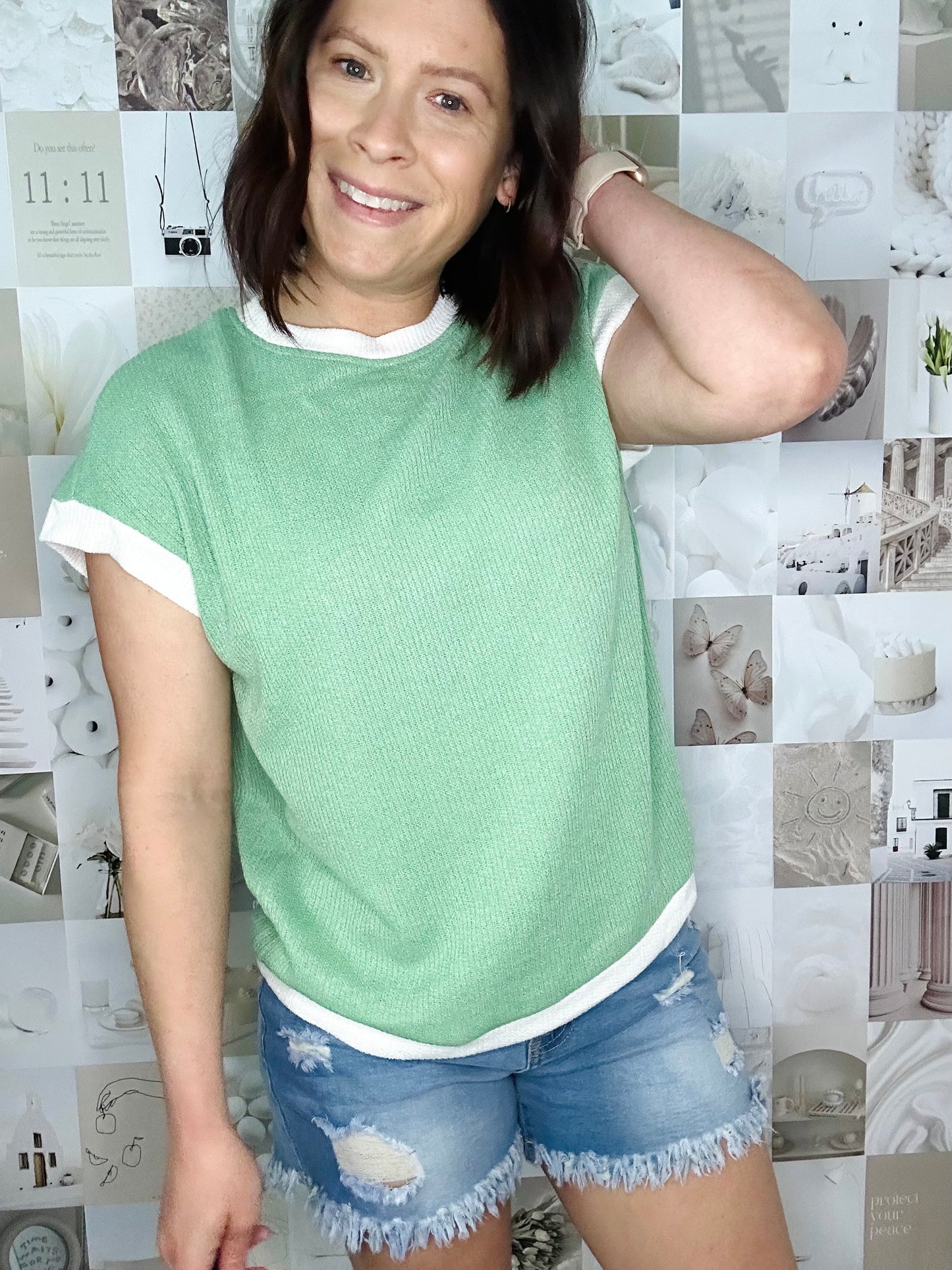 Summer Colorblock Knit Short Sleeve Casual Tee Top- Light Green