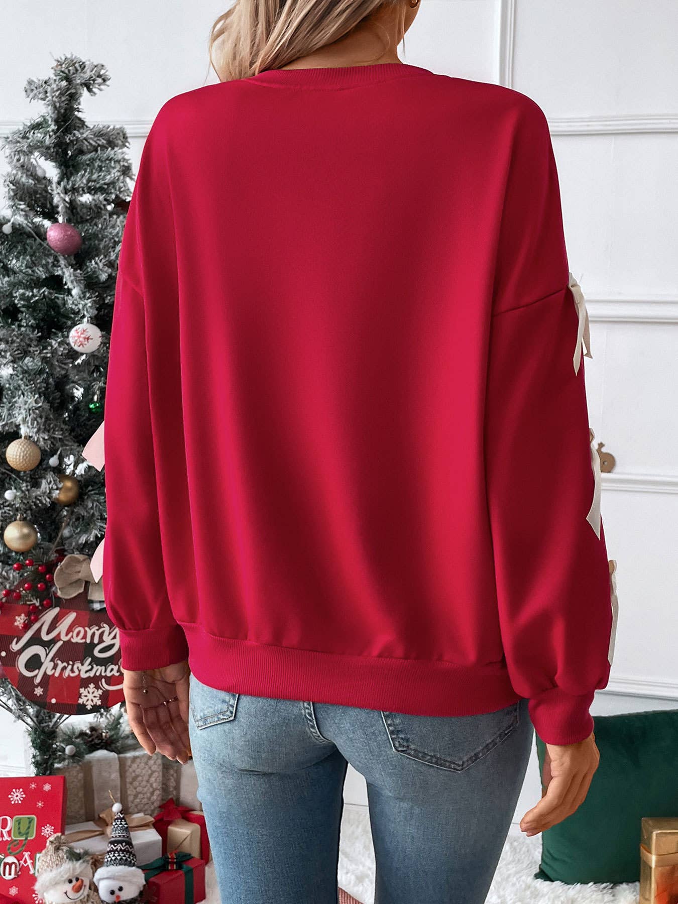 Crew Neck Pullover Top Bowknot Trim Loose Sweatshirts
