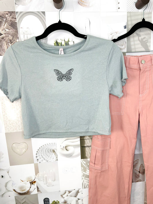 Kids top w/Butterfly Rhine- Grey- Sizes 6/7-12/14