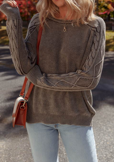 Dark Brown Contrast Cable Knit Sleeve Casual Sweater