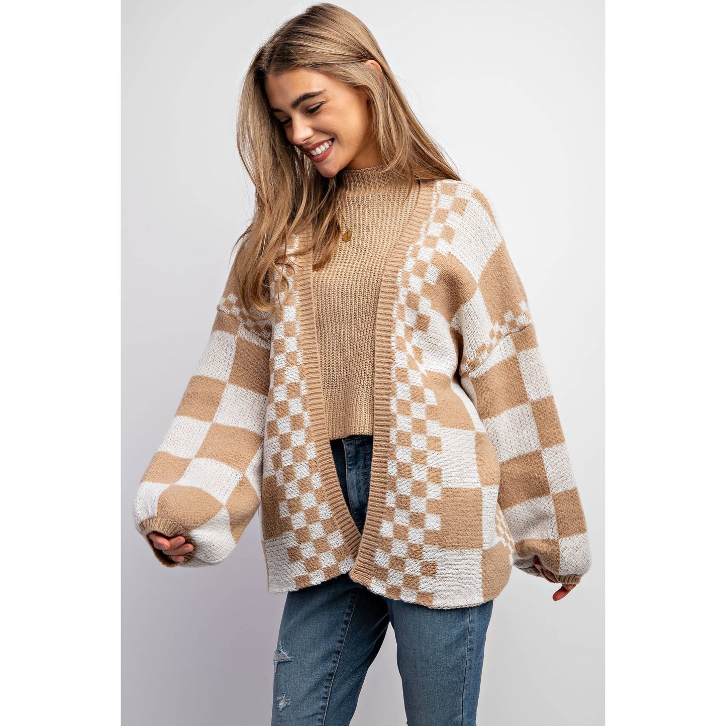 Sweet Generis - MIXED CHECKER KNIT DROP SHOULDER CARDIGAN