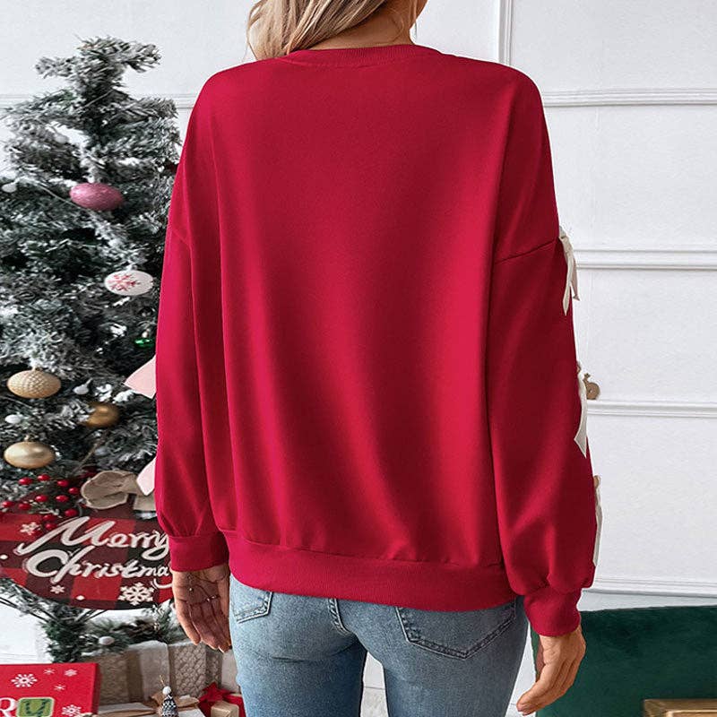 Crew Neck Pullover Top Bowknot Trim Loose Sweatshirts