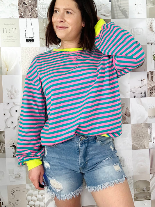 Stripe Oversized Contrast Trim Pullover Sweatshirt