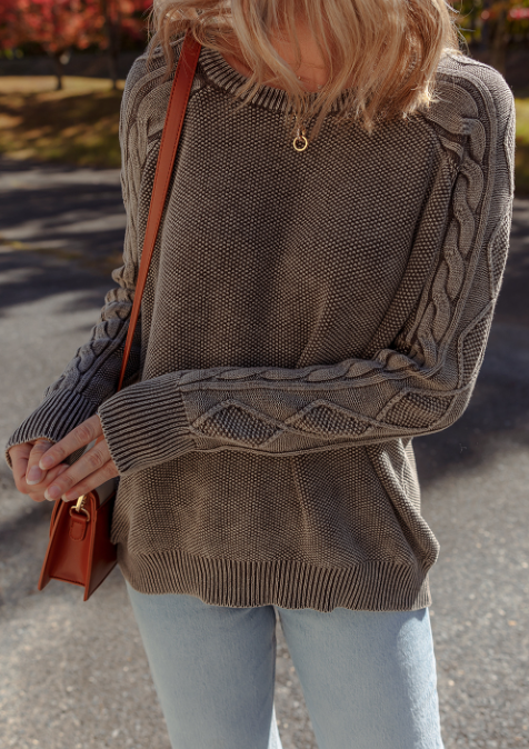 Dark Brown Contrast Cable Knit Sleeve Casual Sweater