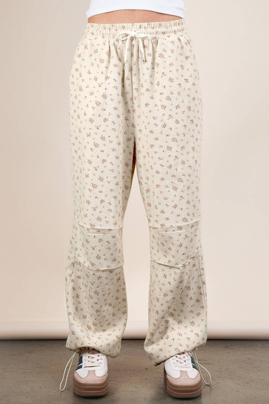 Floral Printed Linen Parachute Pants- Cream and Pink