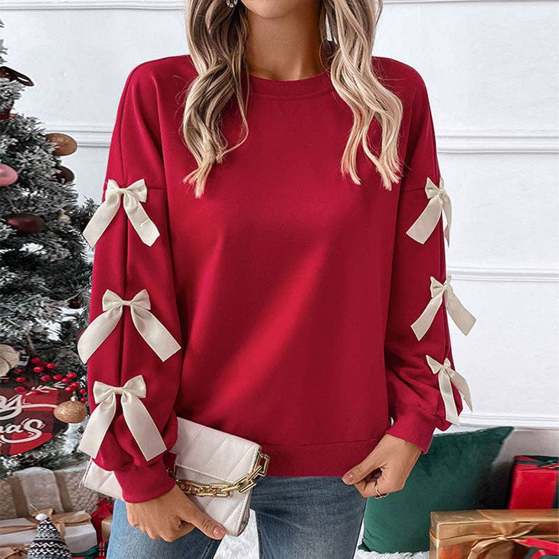 Crew Neck Pullover Top Bowknot Trim Loose Sweatshirts