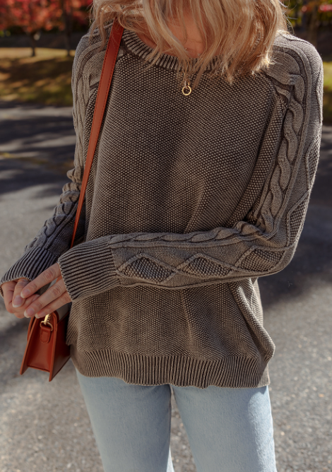 Dark Brown Contrast Cable Knit Sleeve Casual Sweater