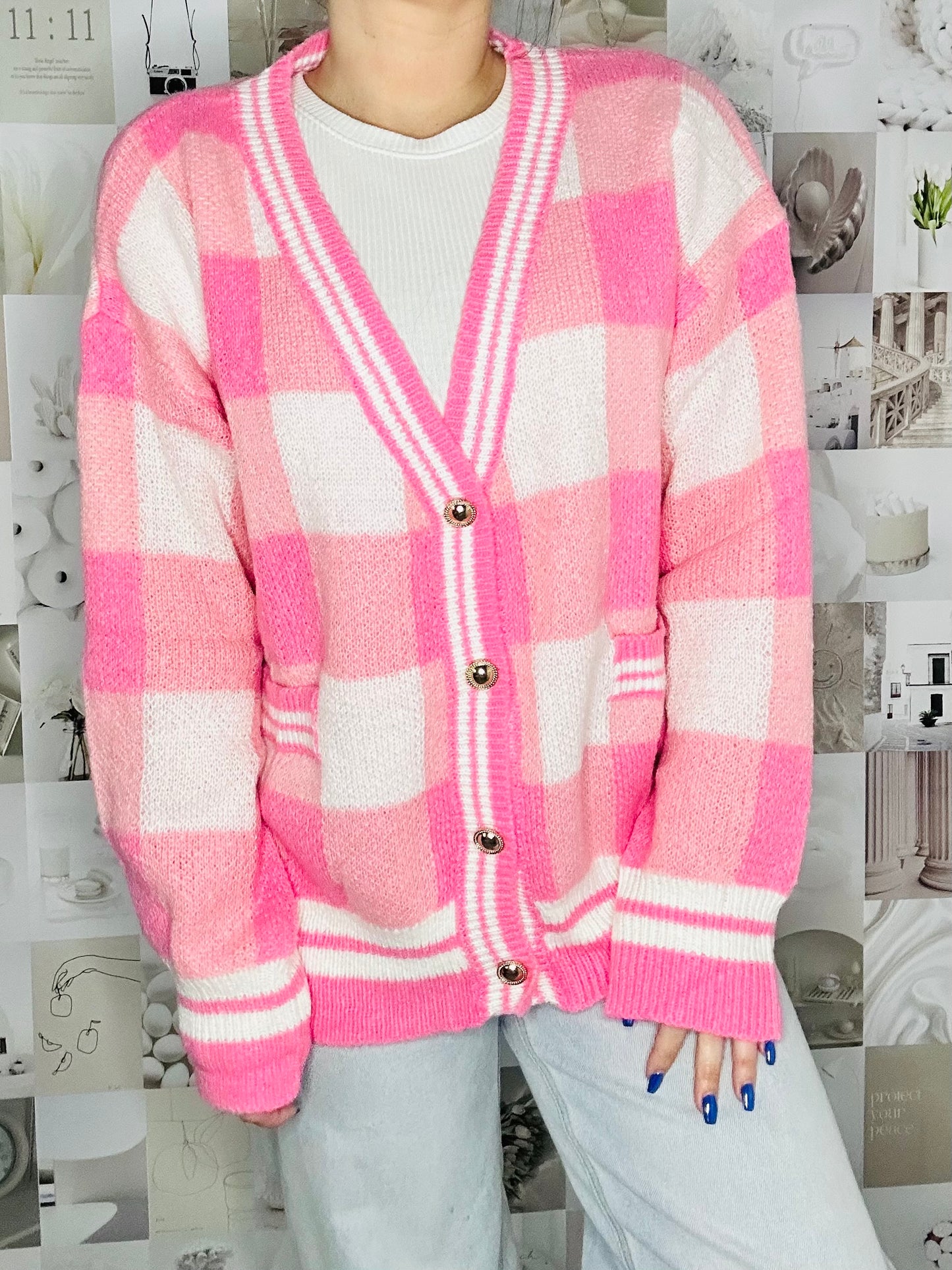 Pink Button Up Plaid Cardigan