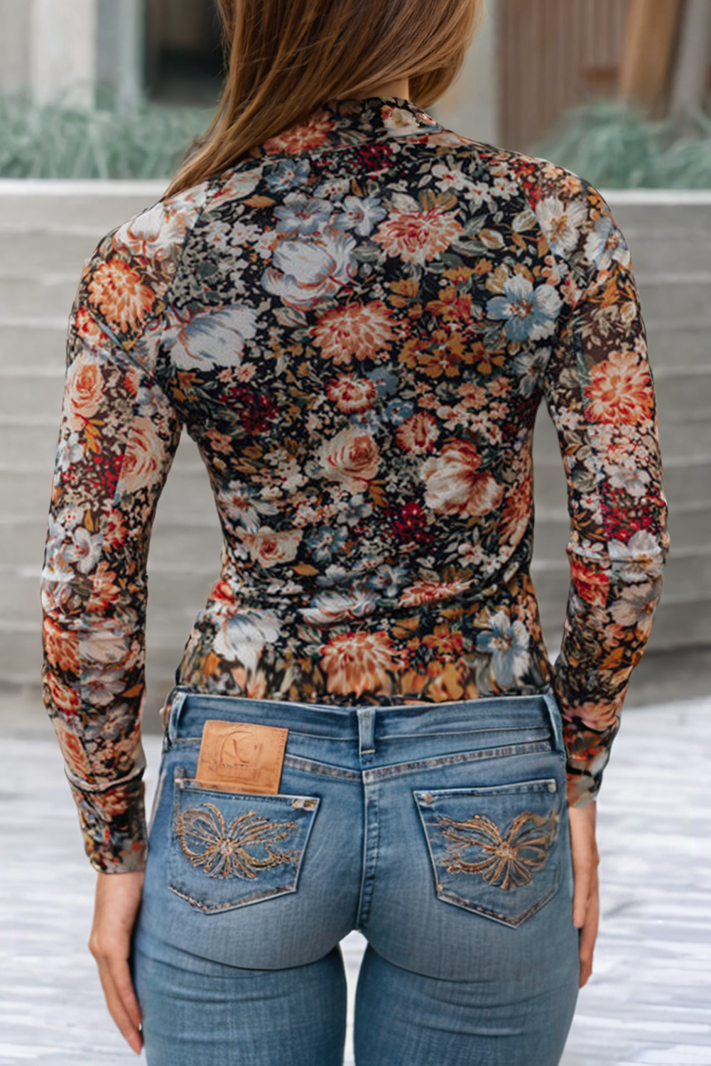 Little Daisy Closet - Floral Long Sleeve High Neck Sheath Mesh Blouse- Dark Floral