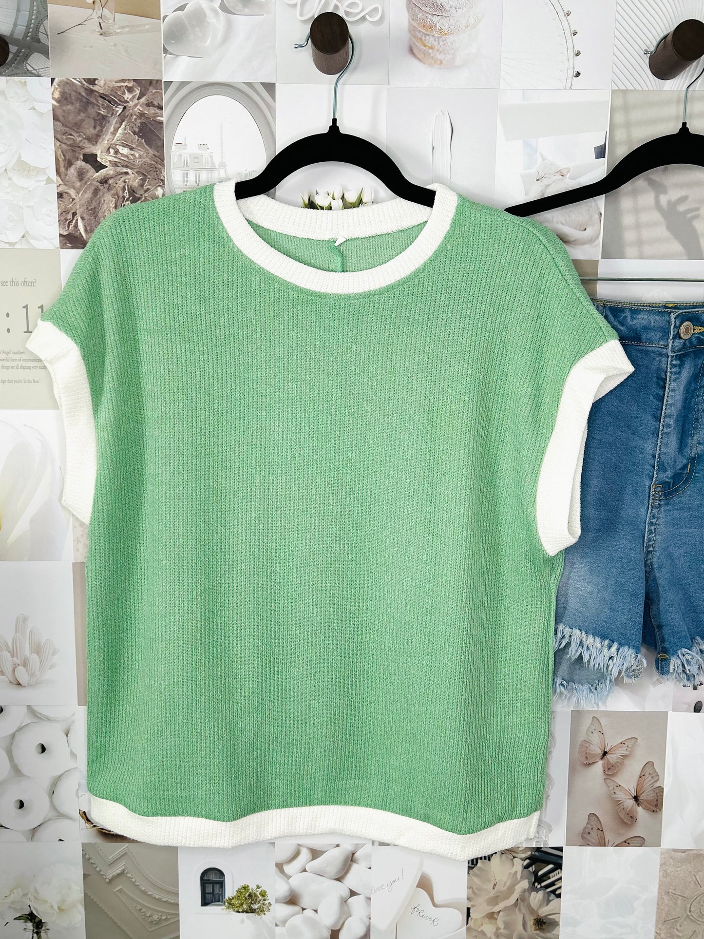 Summer Colorblock Knit Short Sleeve Casual Tee Top- Light Green