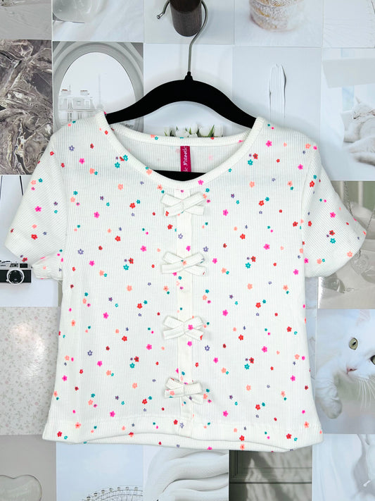Kids Ribbed Knit Top W/ Floral Print & Bows- sizes 4-6x