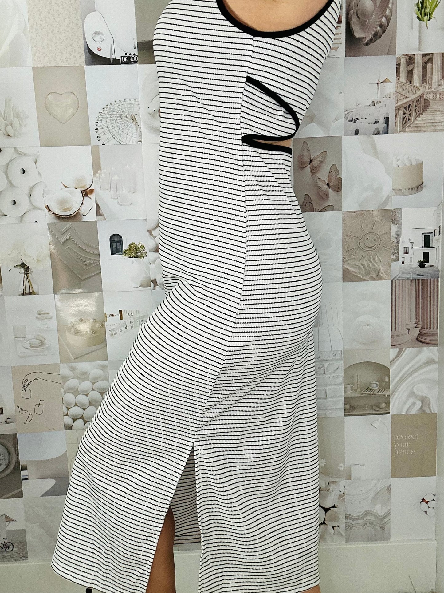 Stripe Criss Cross Side Slits Slim Fit Sleeveless Midi Dress