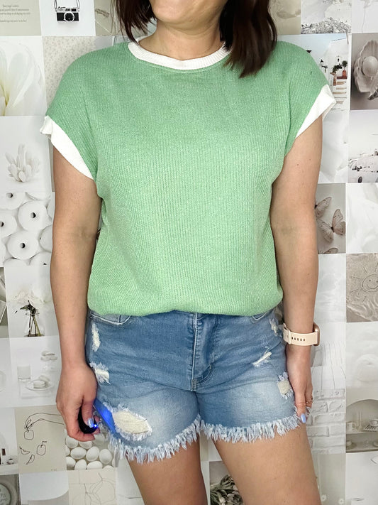 Summer Colorblock Knit Short Sleeve Casual Tee Top- Light Green