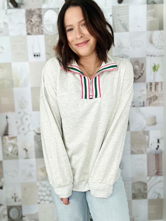 Zip Neck Collared Patchwork Pullover Sweatshirt