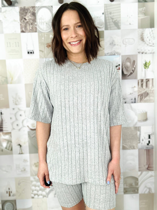 Gray Plain Ribbed Loose Fit Two Piece Lounge Set