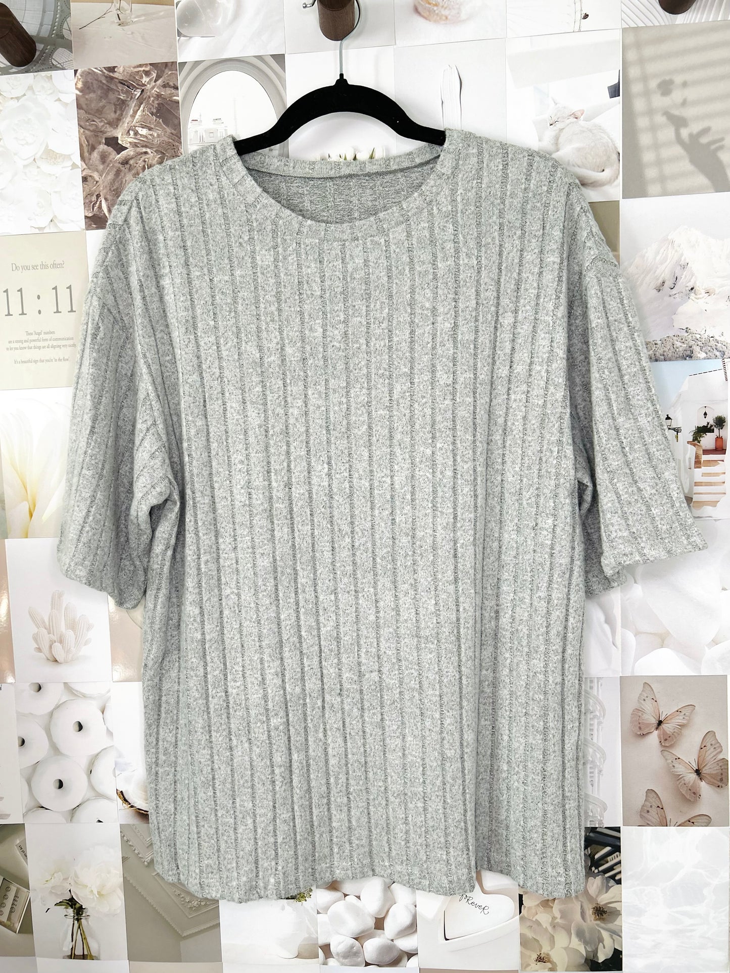 Gray Plain Ribbed Loose Fit Two Piece Lounge Set