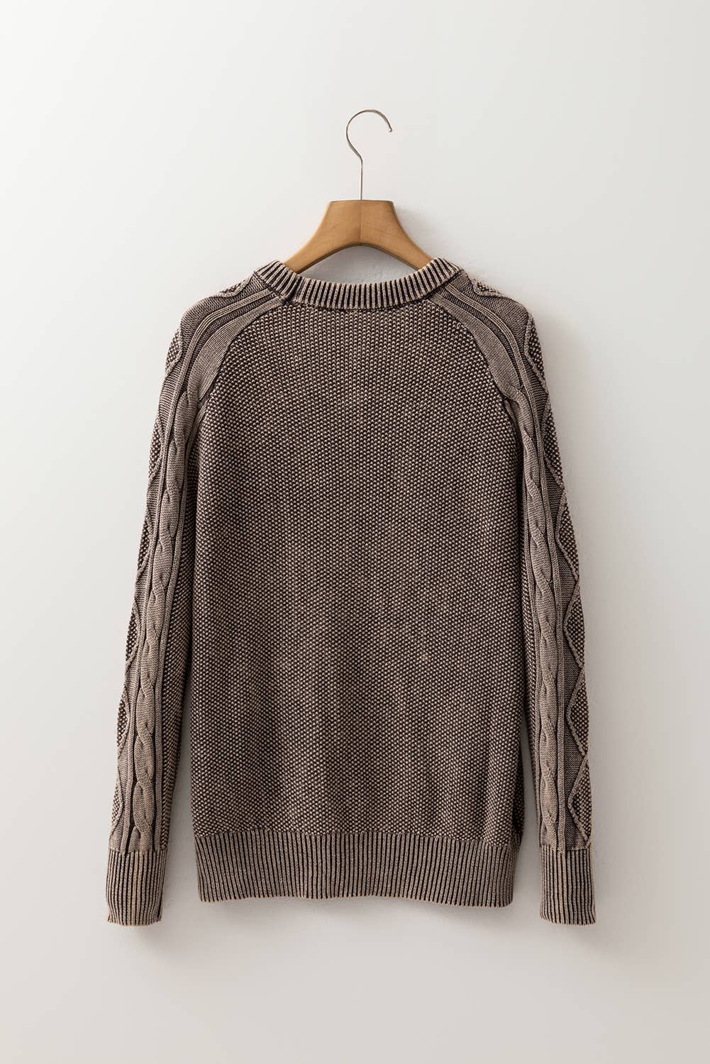 Dark Brown Contrast Cable Knit Sleeve Casual Sweater