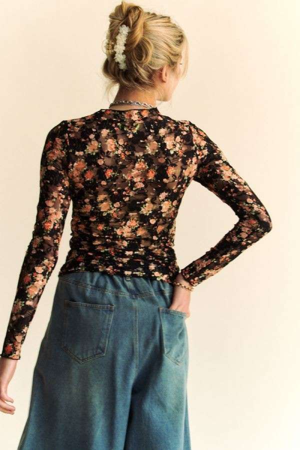 Davi & Dani - FLORAL PRINT MESH LONG SLEEVE LAYERING TOP