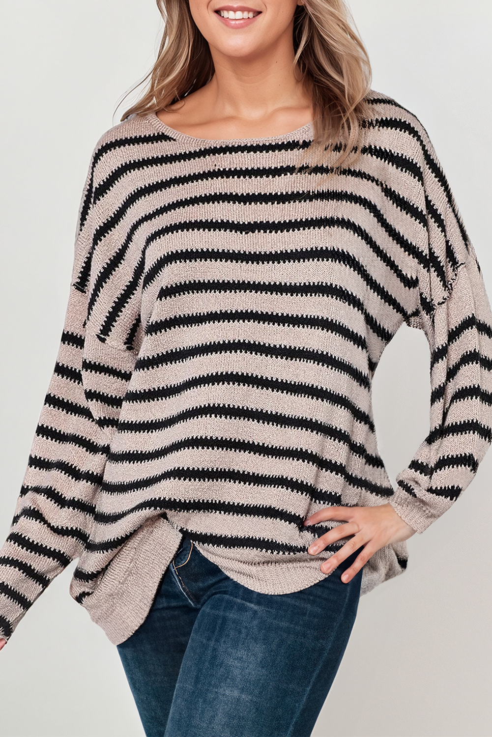 Striped Long Sleeve Crew Neck Drop Shoulder Sweater