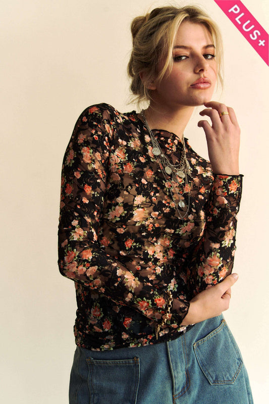 Davi & Dani - FLORAL PRINT MESH LONG SLEEVE LAYERING TOP