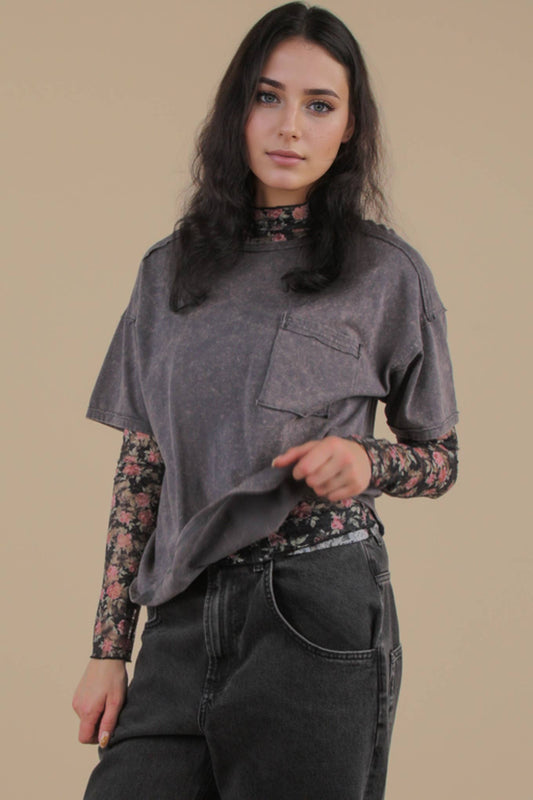 Mineral Washed Knit Top with Pocket- Charcoal