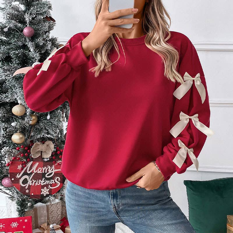 Crew Neck Pullover Top Bowknot Trim Loose Sweatshirts