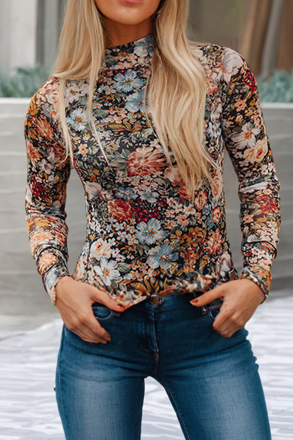 Little Daisy Closet - Floral Long Sleeve High Neck Sheath Mesh Blouse- Dark Floral